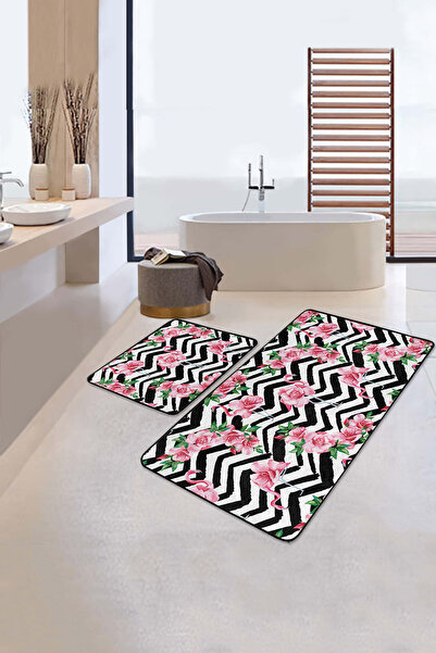 Realhomes Pink Rose Patterned Black and White Floor 2-Piece Non-Slip Base Washable Bath Mat Set