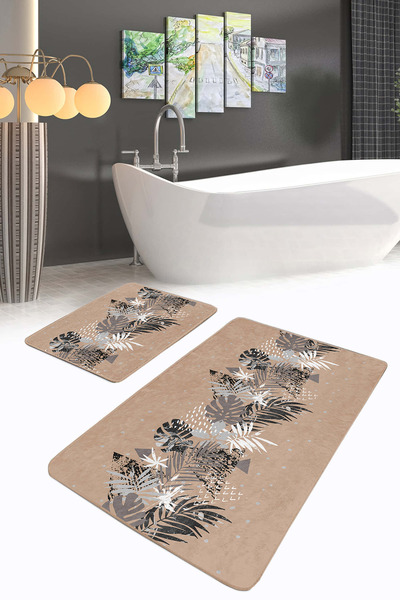 Realhomes مجموعة منشفة حمام قابلة للغسل بنمط أوراق استوائية باللونين الأسود والرمادي مكونة من قطعتين