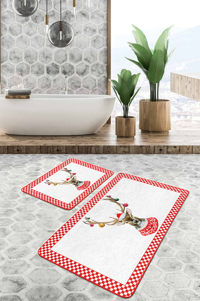 Realhomes طقم سجادة للحمام والمطبخ مكون من قطعتين بتصميم غزال بإطار من الشطرن...