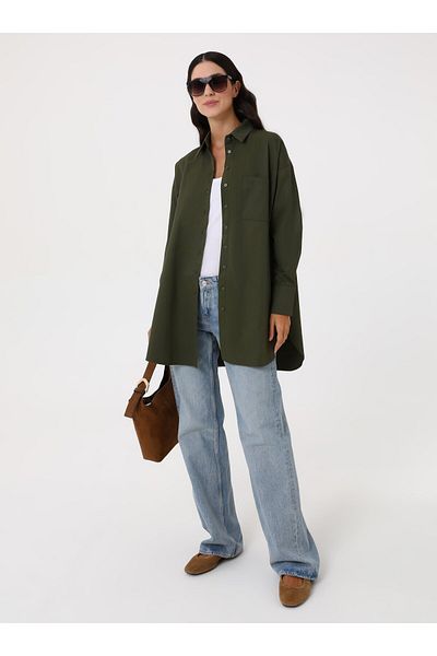 Benin Long Back Poplin Tunic with Pocket Detail - Khaki - Benin