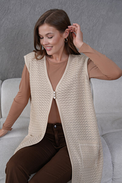 Lamierra Knitwear Openwork Mercerized Large Size Long Vest