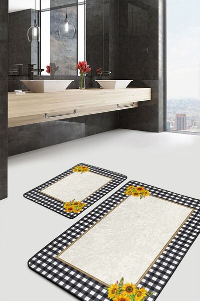 Realhomes Black - White Plaid Motif Yellow Flowers Patterned Floral 2-Piece Bathroom & Kitchen Mat Set