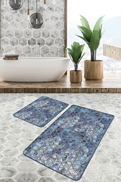 Realhomes Gold - Geometric 2-Piece Bath Mat Set with Geometric Motifs on Blue...