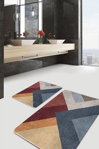 Realhomes Set of 2 Geometric Motif Knitted Patterned Geometric Classic 2-Piece Bathroom & Kitchen Mat Set