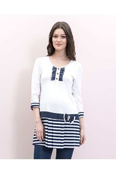 Desen Hamile Giyim Beyaz Lacivert Penye  Hamile Bluz