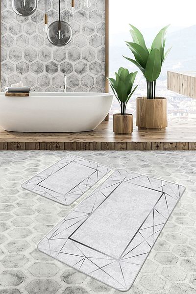 Realhomes Set of 2 Gray Framed Motifed Woven Carpet on the Floor Geometric Simple & Stylish Set of 2 Bath Mat