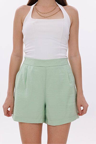 LA PANTE Kadın Şort Mini Kadın Şort Yandan Gizli Fermuarlı Astarlı Modal Yeşi...