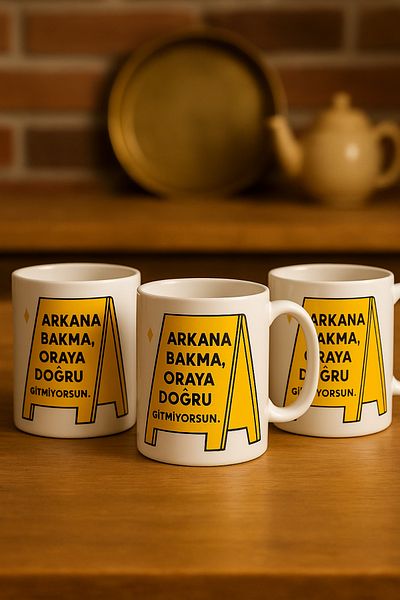 çokaş Pack of 3 Motivational Text Printed Porcelain Mug