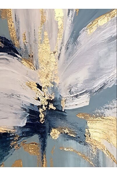 Harikabirev HARİKABİREV|SOFT MAVİ-GOLD SOYUT ÇİÇEK KOMBİNİ |ÇERÇEVELİ CAM TABLO  3LÜ DİKEY