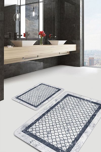 Realhomes Set of 2 Geometric Simple & Stylish 2-Piece Bathroom Mat Set with Framed Motifs on Gray Floor