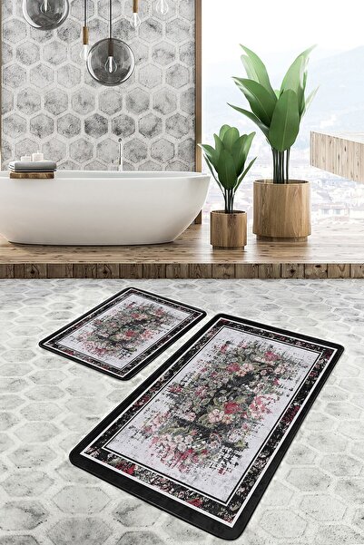 Realhomes طقم سجادة مطبخ للحمام مكون من قطعتين بتصميم زهور مزخرفة على أرضية ح...