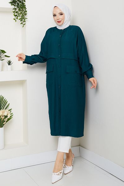 Pamuk Butik Women's Pocket Robe Button Closure Wear Out Cap Petrol Blue