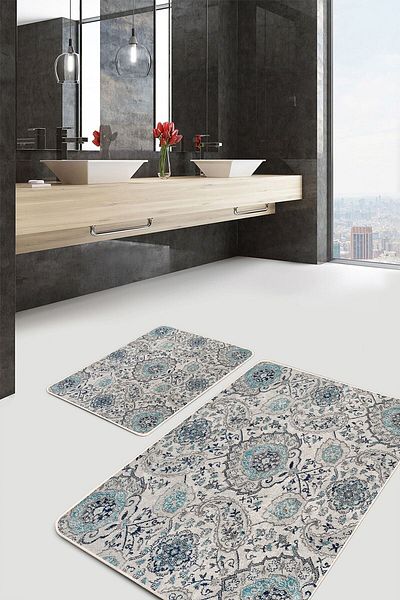 Realhomes Beige - Traditional Ethnic Motifs with Artdeco Motif on Blue Background Vintage 2-Piece Bathroom Kitchen Mat Set