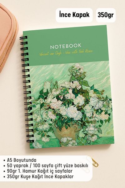 Eldesen Tasarım Van Gogh A5 Spiral Unlined School Notebook, 50 Sheets 100 Pages, Cardboard Cover Notepad, Vase