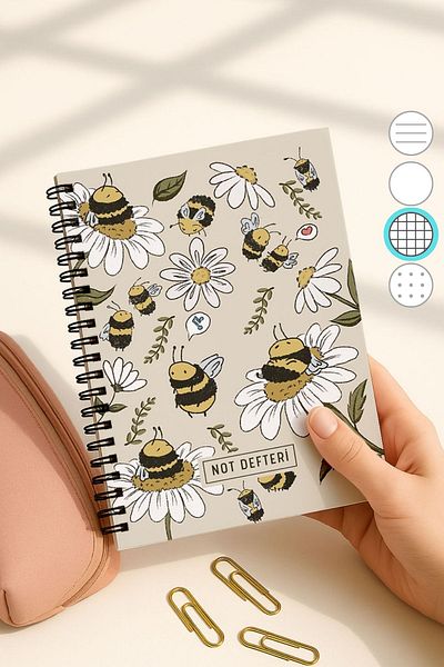 Eldesen Tasarım A5 Spiral Checkered School Notebook, 50 Sheets 100 Pages, Cardboard Cover Notepad, with Bee