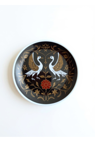Motiff 15 cm 2 Pieces Decorative Porcelain Plate with Bird Motif – Traditional Pattern on Black Background