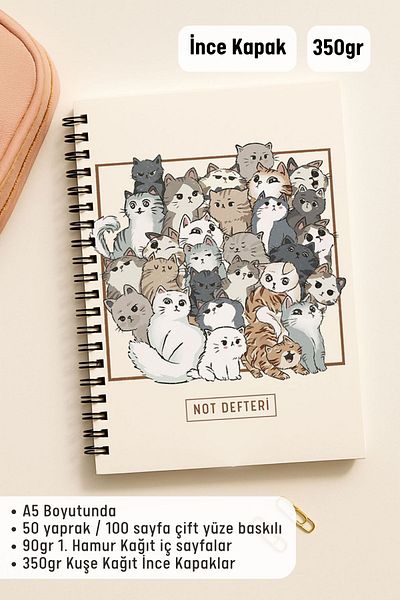 Eldesen Tasarım A5 Spiral Unlined School Notebook, 50 Sheets 100 Pages, Cardboard Cover Notepad, with Cat