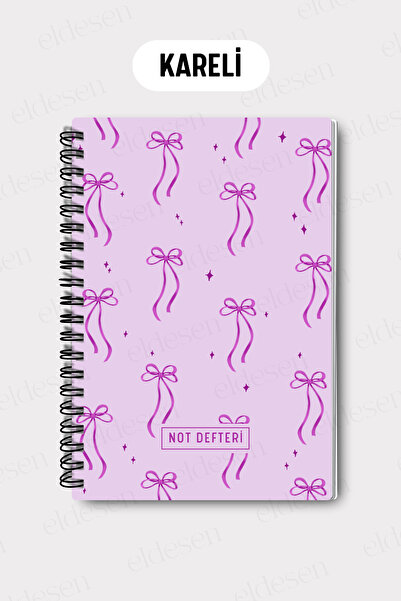 Eldesen Tasarım A5 Spiral Checkered School Notebook, 50 Sheets 100 Pages, Cardboard Cover Notepad, Purple Bow