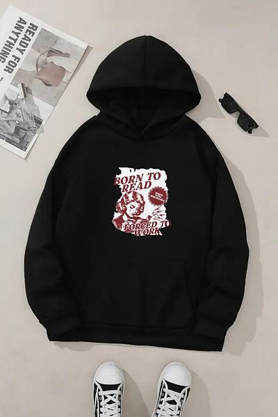 VBSVİBES Unisex Black Hooded Sweatshirt – Born the Read Printed, Thick Fabric with Hood