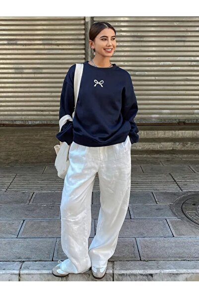 CLAYES Navy Blue Oversize Sweatshirt - Minimal Bow Printed, Crew Neck