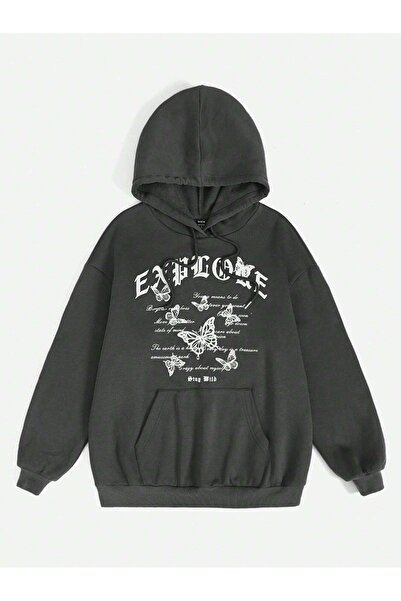 CLAYES Ознайомтеся з футболкою Butterfly Sweatshirt — чорна з принтом, оверсайз, з капюшоном