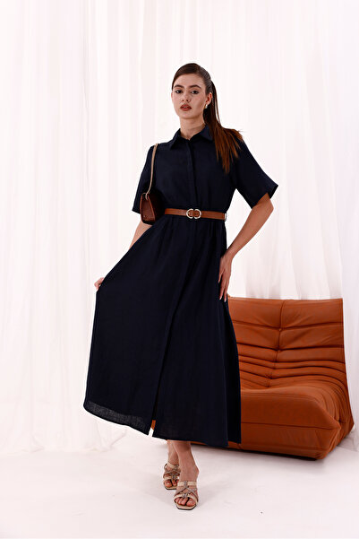 LA PANTE فستان نسائي أنيق طويل بأزرار أمامية وحزام من القماش الأسود بأكمام قصيرة