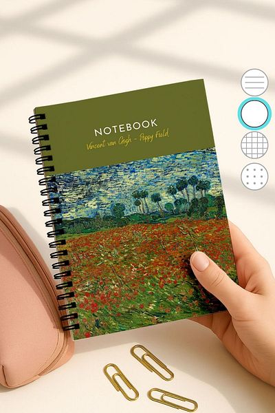 Eldesen Tasarım Van Gogh A5 Spiral Unlined School Notebook, 50 Sheets 100 Pages, Cardboard Cover Notepad, Poppy