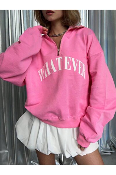 CLAYES Hanorac oversize roz - damă, orice imprimeu, guler în picioare