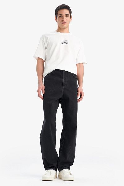DeFacto 100% Cotton Baggy Fit Wide Fit Regular Waist Wide Leg Black Jean Trousers E9240Ax25Sp