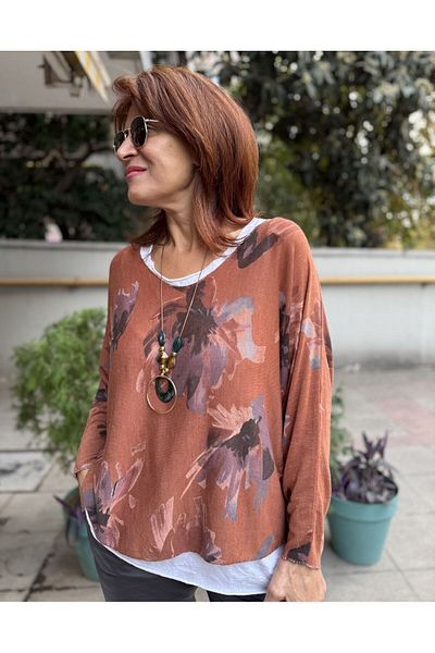 DenizEge Italian Floral Patterned Blouse Cinnamon