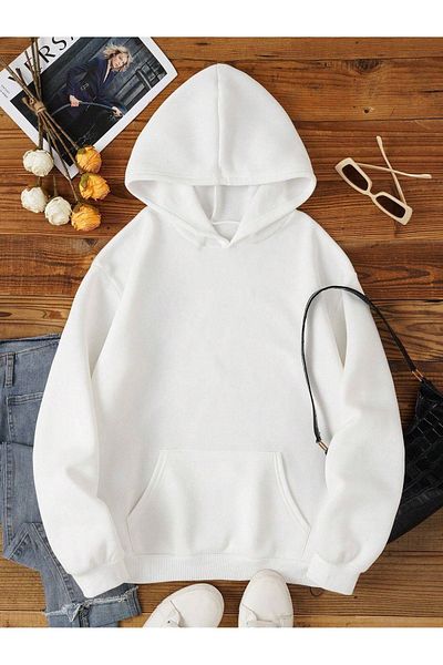 DUBU BUTİK Plain Basic Sweatshirt - White Oversize Hoodie
