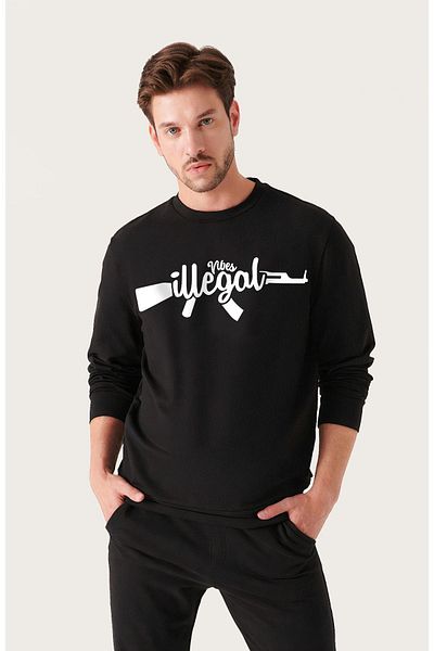 VBSVİBES Unisex Oversize Illegal Printed Crew Neck Μαύρο φούτερ