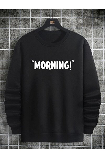 VBSVİBES سويت شيرت أسود كبير الحجم مطبوع عليه صباح للجنسين برقبة دائرية