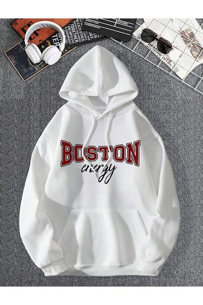 VBSVİBES Унисекс суитшърт с качулка и щампа Boston Energy в бял цвят