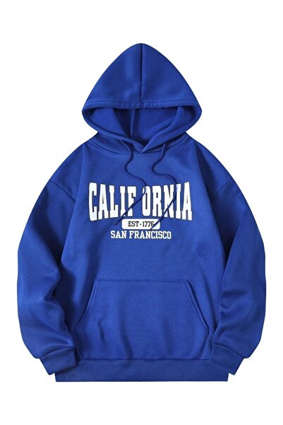 DUBU BUTİK Φούτερ Calif Ornia 1776 - Sax Blue Printed Oversize Hooded