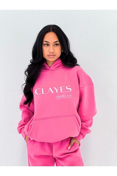 CLAYES Studio Co. - Hanorac oversize cu glugă, 100% bumbac, imprimat roz