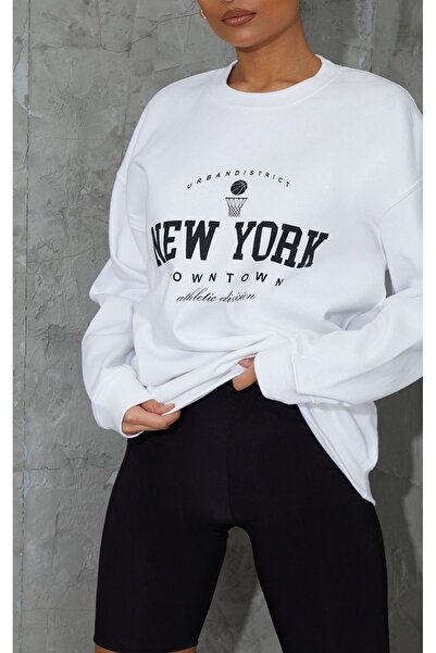 CLAYES Φούτερ New York Downtown - Λευκή στάμπα Oversize Crew Neck