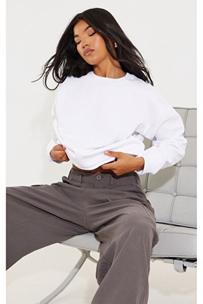 DUBU BUTİK Düz Basic Sweatshirt - Beyaz Uzun Kol Oversize Bisiklet Yaka
