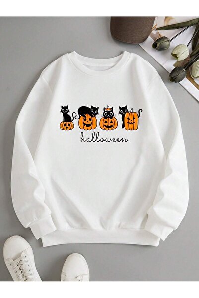 DUBU BUTİK Halloween Cats Sweatshirt - White Printed Oversize Crew Neck