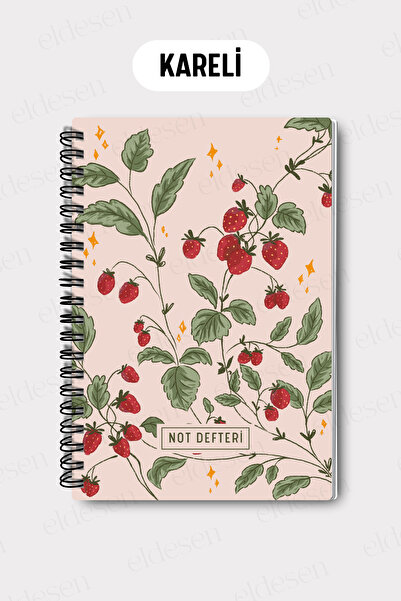 Eldesen Tasarım A5 Spiral Checkered School Notebook, 50 Sheets 100 Pages, Cardboard Cover Notepad, Pink Strawberry