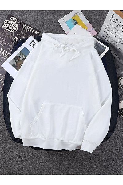 VBSVİBES White Unisex Oversize Astronaut Cat Printed Sweatshirt Hoodie Hooded