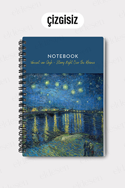 Eldesen Tasarım Van Gogh A5 Spiral Unlined School Notebook, 50 Sheets 100 Pages, Cardboard Cover Notepad, River Rhine