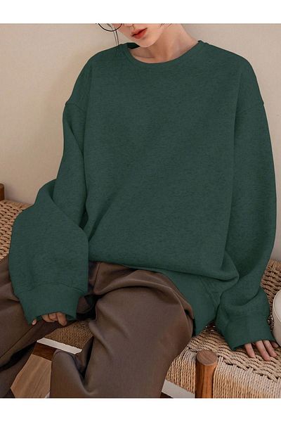 DUBU BUTİK Hanorac de culoare solidă - Nefti Green Oversize Thick Winter Crew Gât