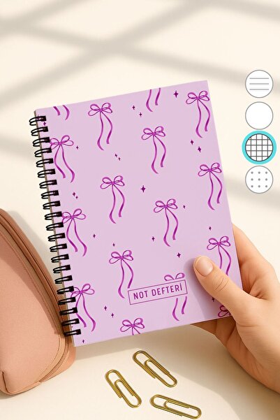 Eldesen Tasarım A5 Spiral Checkered School Notebook, 50 Sheets 100 Pages, Cardboard Cover Notepad, Purple Bow