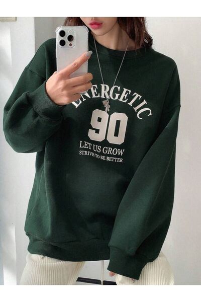 CLAYES Φούτερ 90 Energetic - Πράσινη στάμπα, χοντρή χειμερινή λαιμόκοψη