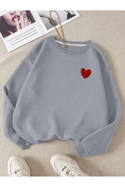 DUBU BUTİK Red Minimal Heart Sweatshirt - Dyed Gray Printed Oversize Thick Winter Crew Neck
