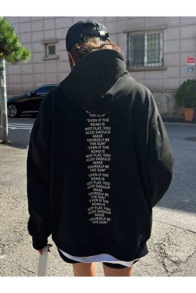 DUBU BUTİK Μαύρο Oversize Road Not Flat φούτερ - Χοντρή χειμερινή κουκούλα με...