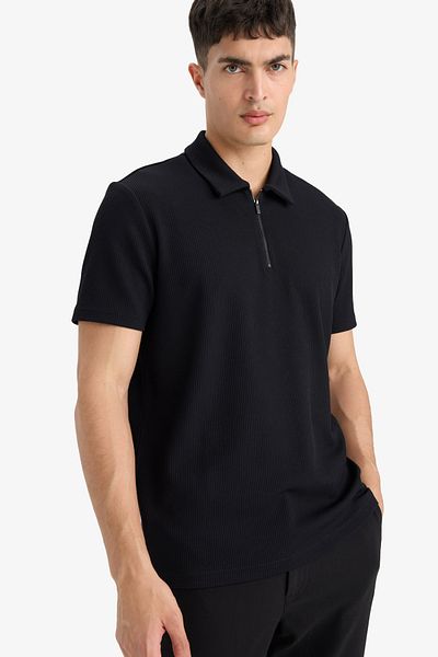 DeFacto Tricou negru cu mânecă scurtă cu jumătate de fermoar și guler polo cu croiala normală B7355ax24sp