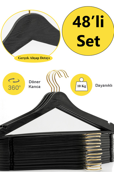 ARCH 48 Adet Siyah Ahşap Görünümlü Plastik Askı Kıyafet Elbise Gömlek Askısı ...