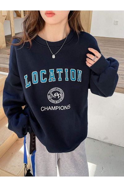 CLAYES Location Champions Sweatshirt - Navy Blue Printed Oversize Thick Winter Crew Neck